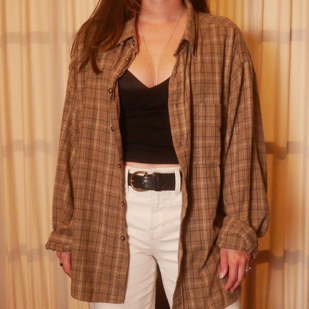 Oversized Brown Vintage Plaid Button-Up Shirt
